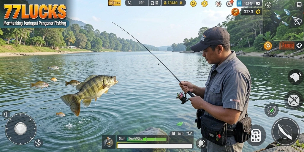 Screenshot gameplay 77LUCKS yang menampilkan aksi memancing yang seru.