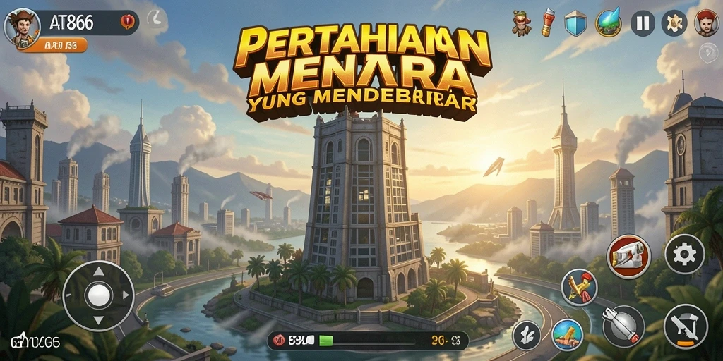 Tangkapan layar gameplay AT866 dengan aksi menara pertahanan yang intens.