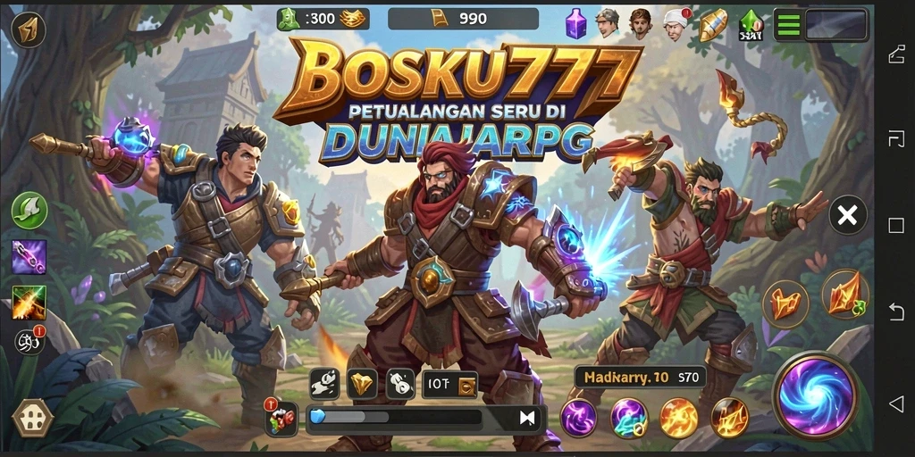 Screenshot gameplay ARPG BOSKU777 menampilkan pertarungan epik dan dunia yang luas.