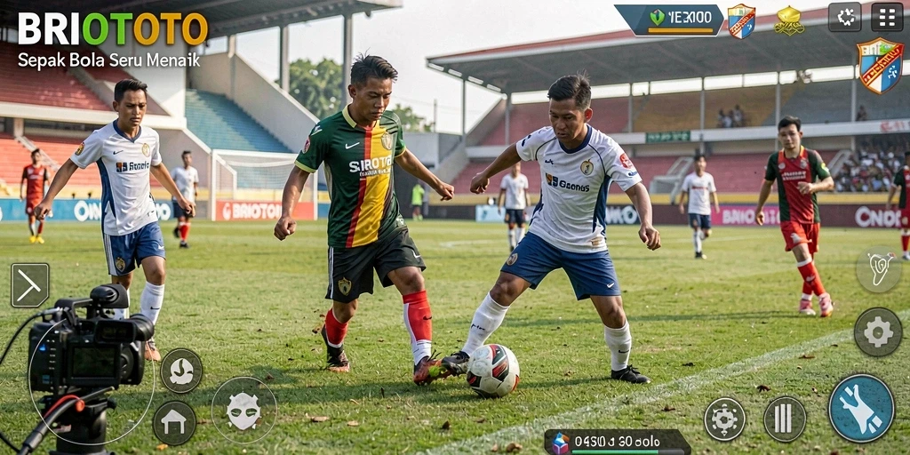 Tampilan gameplay <strong>BRIOTOTO</strong> memperlihatkan aksi sepak bola yang dinamis dan menegangkan.