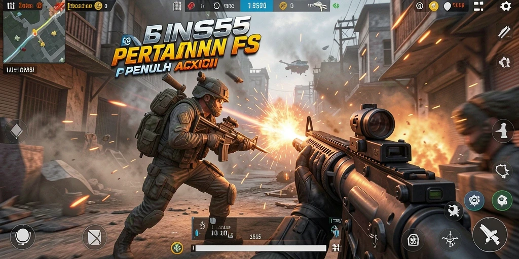 Screenshot gameplay INS55 dengan aksi tembak-menembak yang intens.