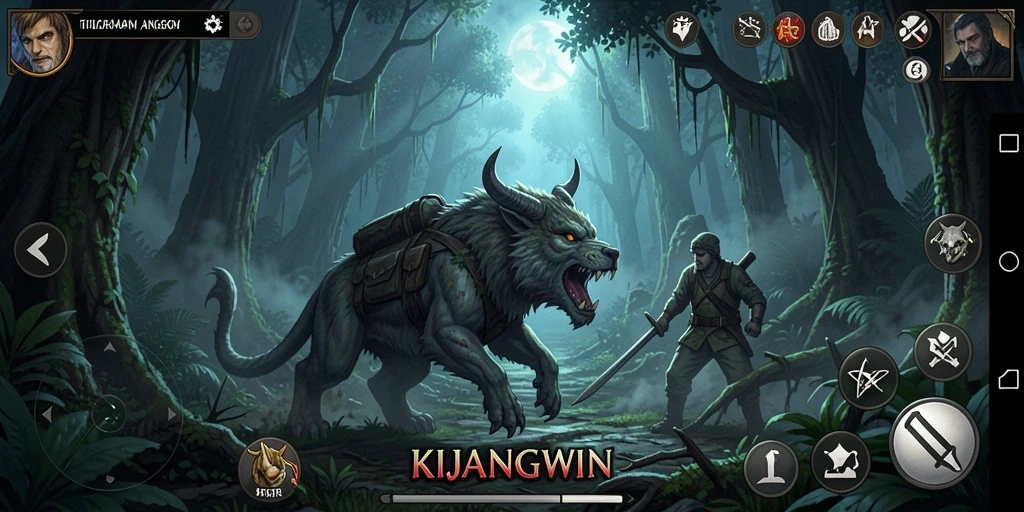 Tampilan gameplay KIJANGWIN dengan suasana hutan yang menakutkan.