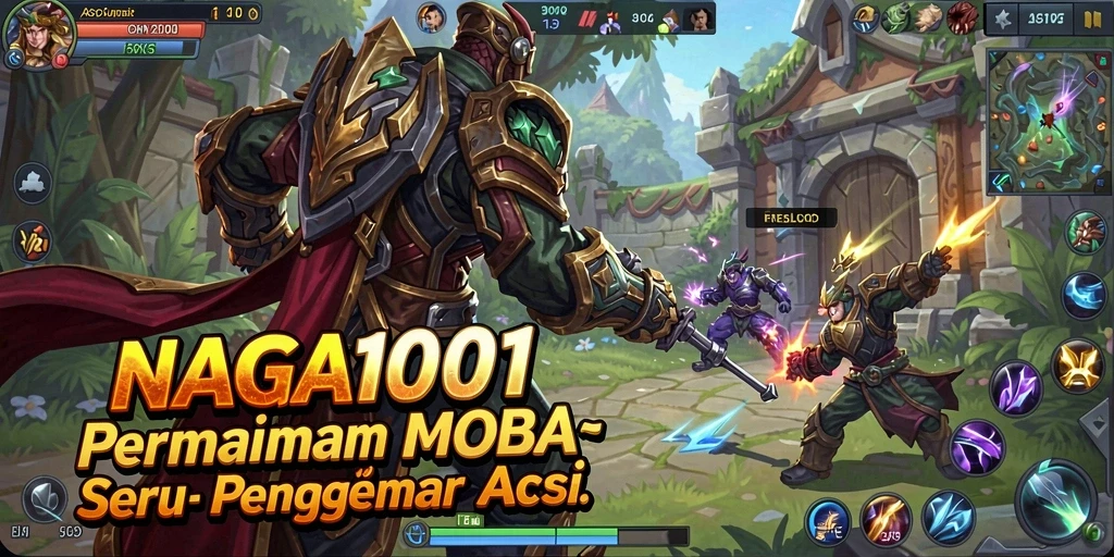 Screenshot NAGA1001 menampilkan aksi intens di arena pertempuran MOBA.