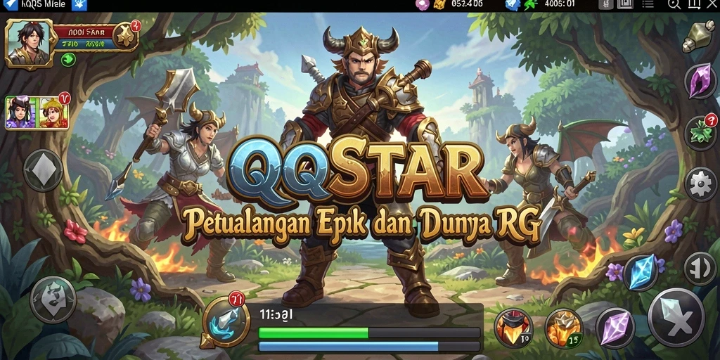 Screenshot utama QQSTAR menampilkan serunya pertarungan dalam dunia RPG yang penuh warna.
