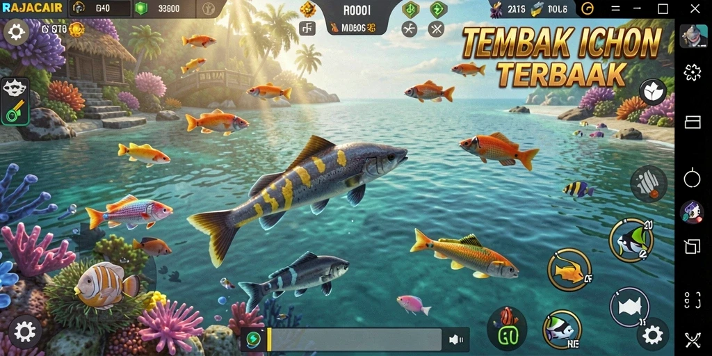 Screenshot gameplay RAJACAIR menampilkan serunya menembak ikan di lautan.