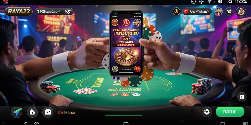 Tampilan screenshot utama RAYA22 menampilkan dealer live dan permainan kasino yang seru.