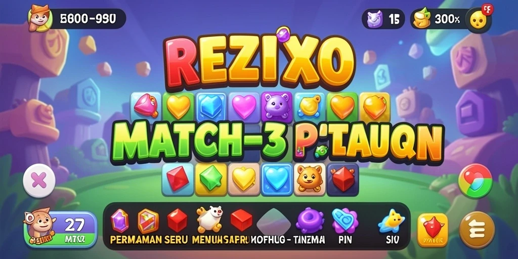Tampilan screenshot menunjukkan gameplay menantang REZIXO dengan grafis warna-warni.