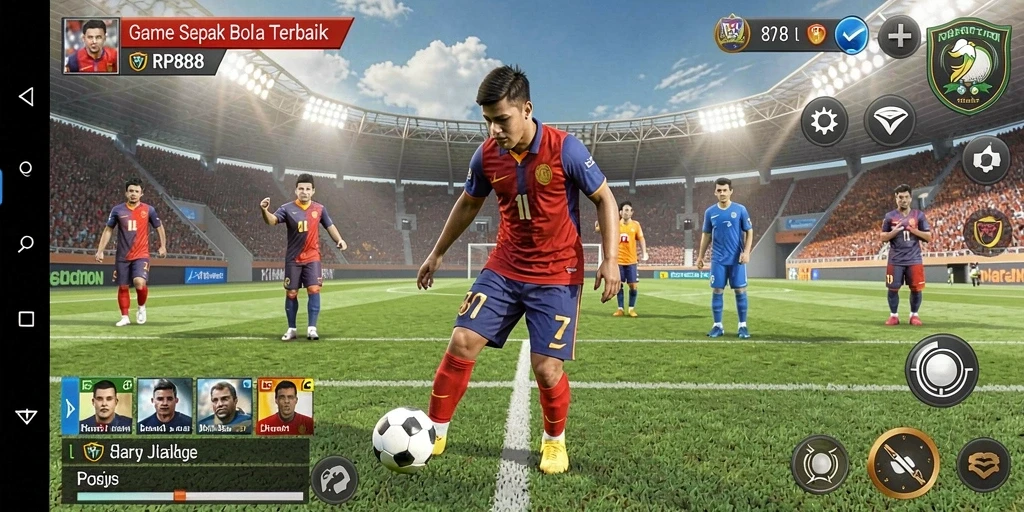 Screenshot RP888 menampilkan aksi seru pertandingan sepak bola.