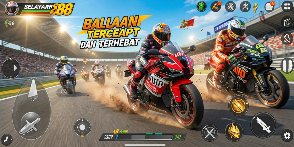 Tampilan gameplay seru di SELAYAR88 dengan motor balap.
