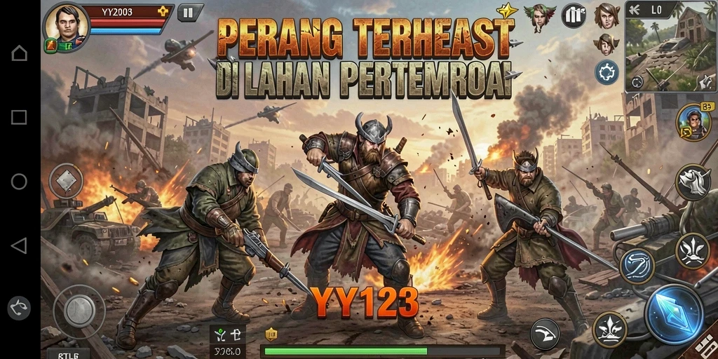 Tangkapan layar gameplay YY123 yang menunjukkan pertempuran seru di arena Battle Royale.